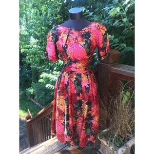 1950s Suzy Perette Vintage Silk Dress Floral Black Pink Full Skirt Fit & Flare